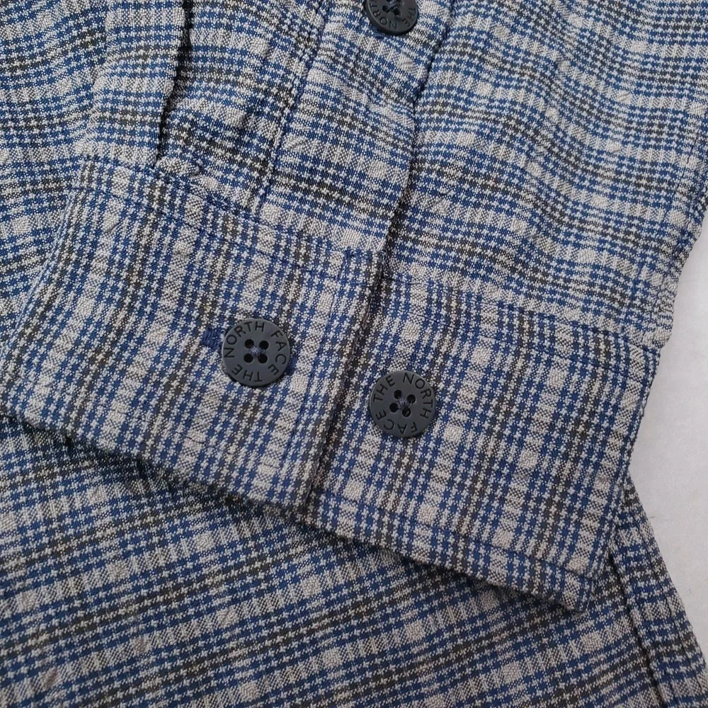 North Face Shirt Mens Medium Gray Blue Plaid Button Down Stretch Outdoor Pocket